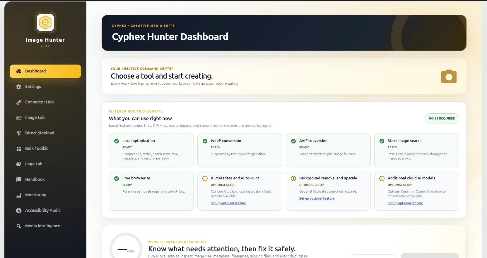 Cyphex Image Hunter plugin dashboard showing health score, tool grid, and capability matrix inside WordPress admin